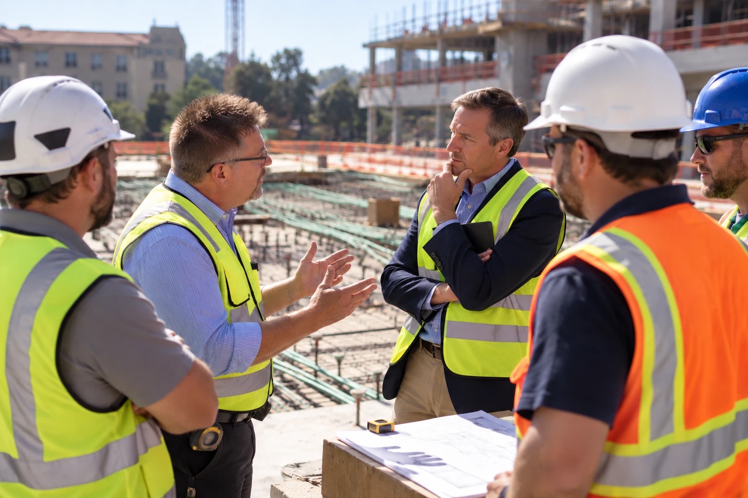 A site supervisor and a manager in hi-vis talking through a problem with the crew on a construction site