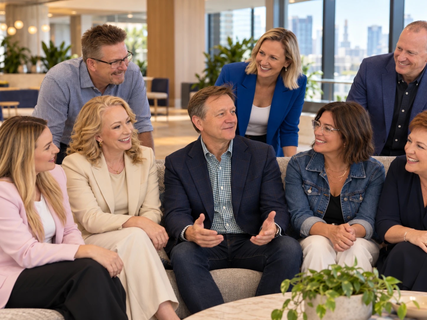 The LeadChange team together on a lounge in a city office, Martin Green in the centre