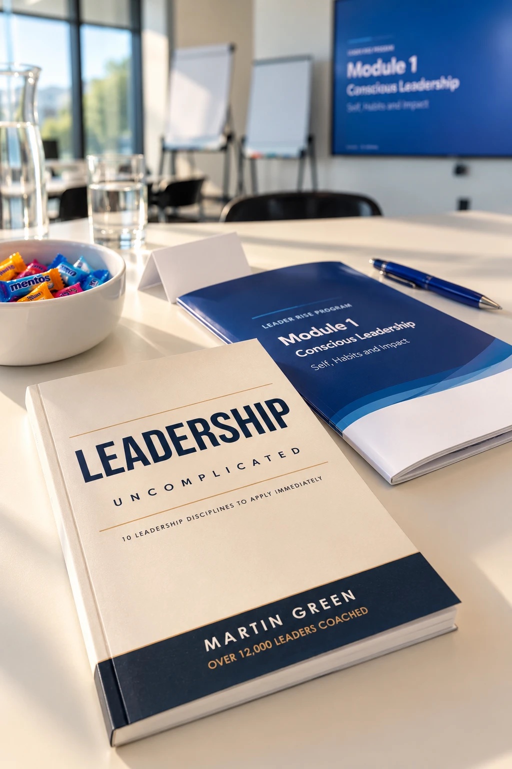 Leadership Uncomplicated by Martin Green on a workshop table beside a workbook and pens