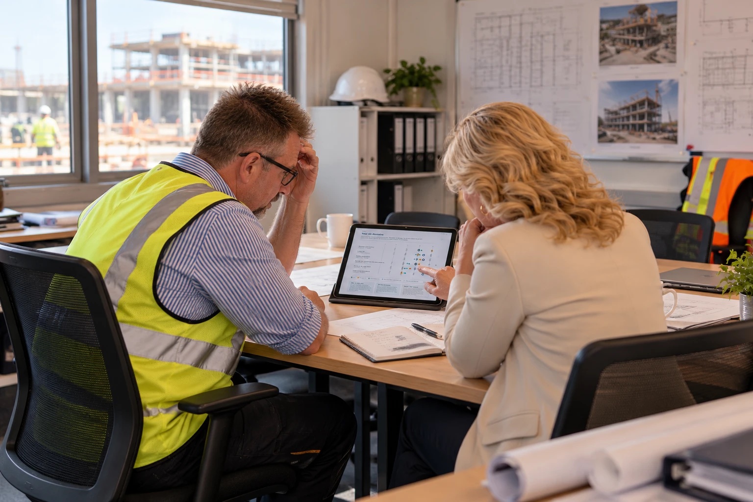 A site supervisor in hi-vis and a colleague going through a report on a tablet in a site office
