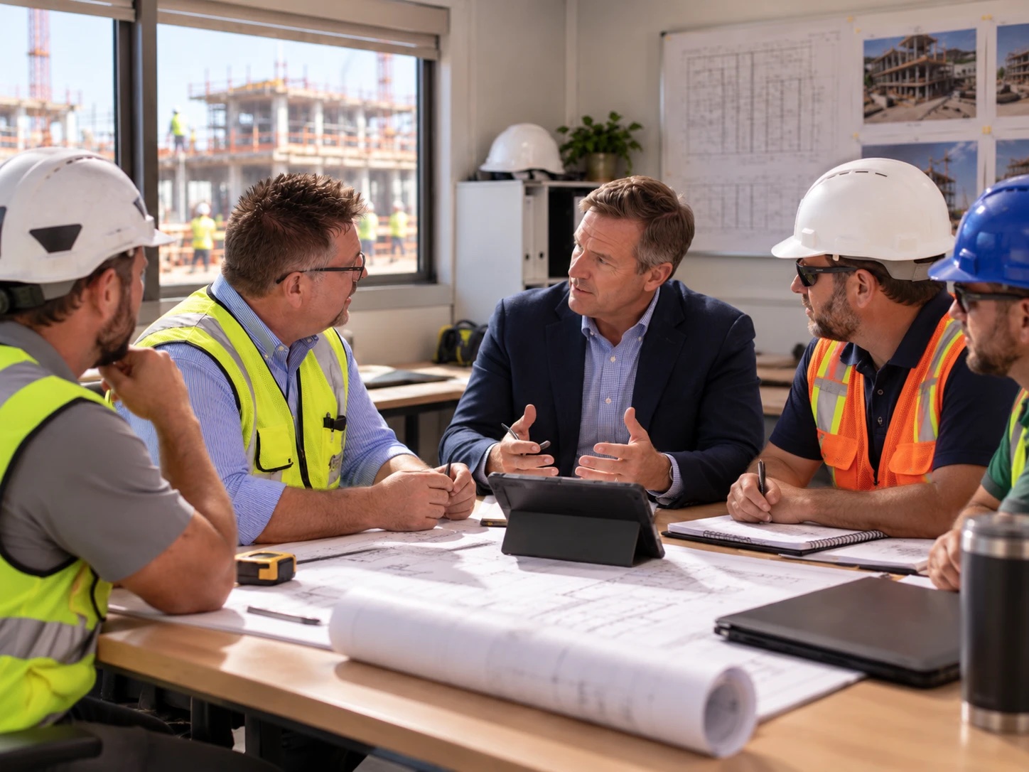 A manager and site crew in hi-vis and hard hats working through plans together in a site office