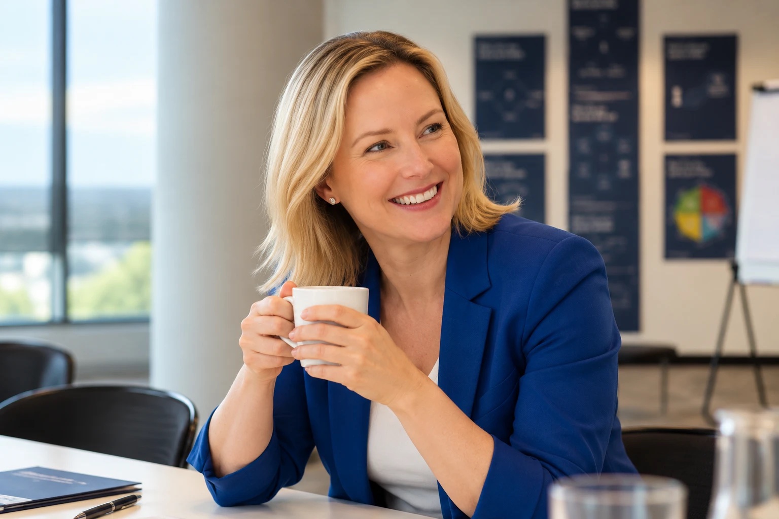 A leader in a blue jacket smiling over a coffee at a workshop table