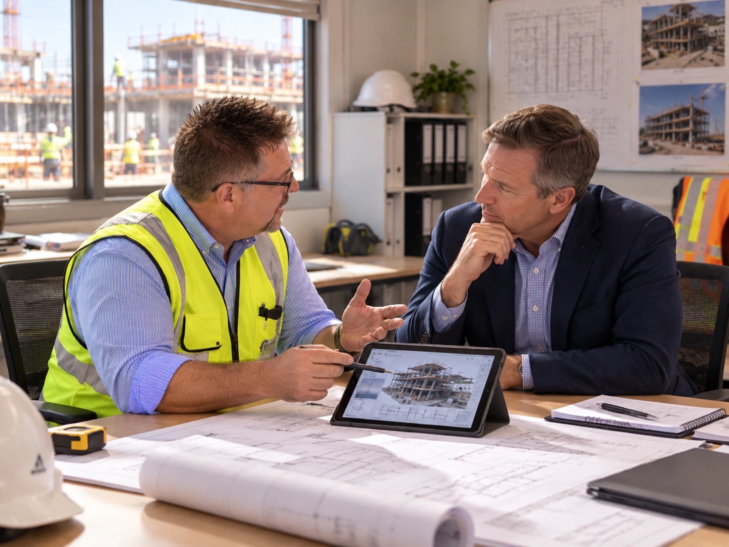 A site supervisor in a hi-vis vest talks a manager through a building model on a tablet, plans spread on the desk